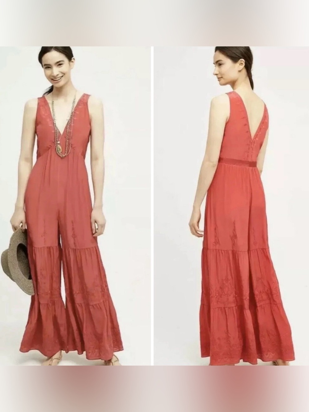 Anthropologie elevenses pink embroidered  Sleeveless V-Neck Wide-Leg Jumpsuit m